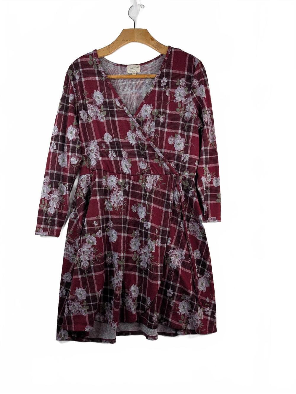 Ultra Flirt Crossover Wrap-Style Mini Dress Burgundy Plaid with Floral Print 2X